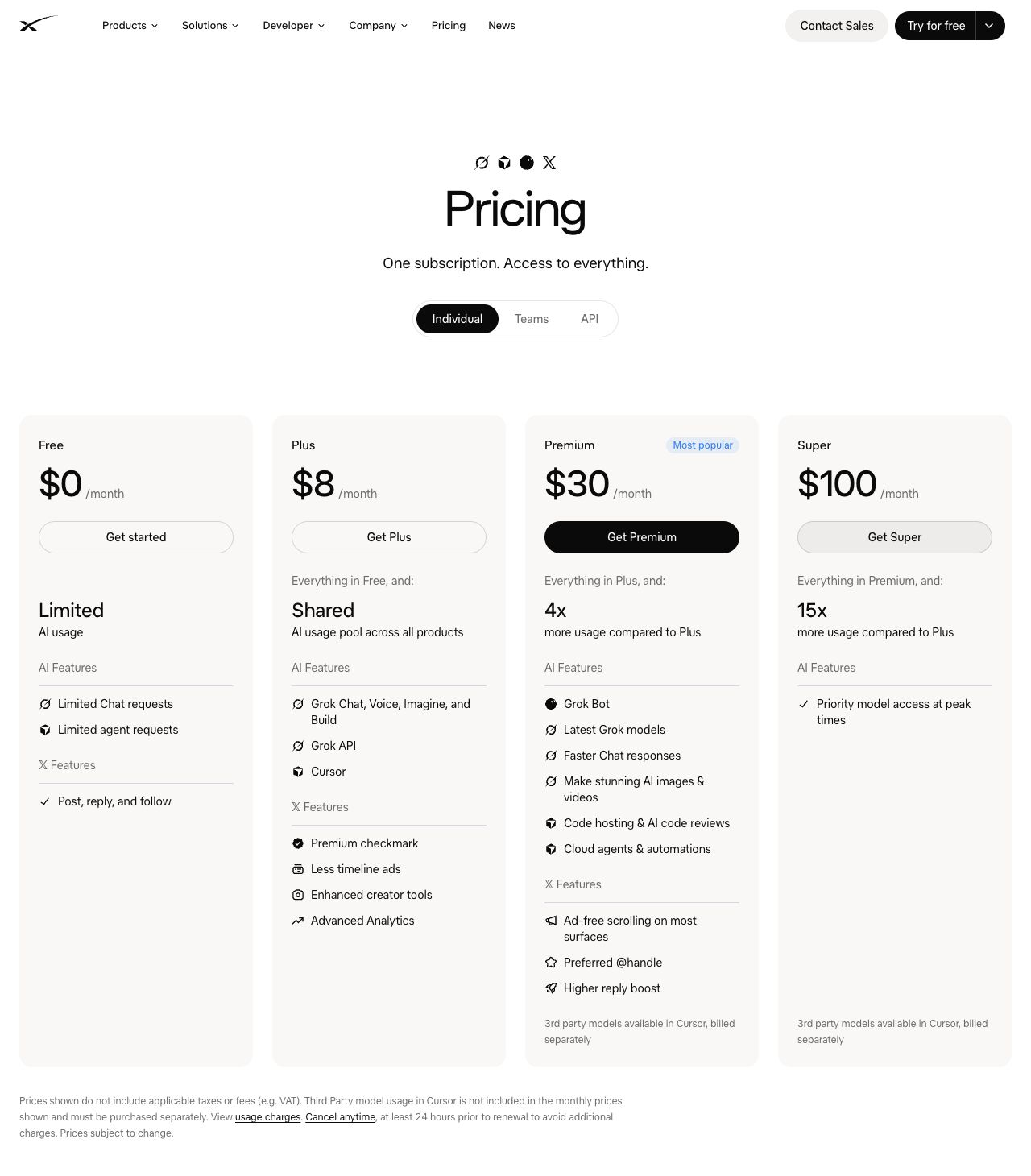 Official monthly pricing page screenshot