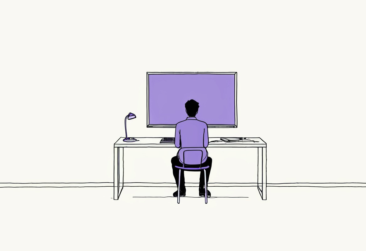 水墨插畫：一個人背對著坐在桌前，房間裡唯一的光來自螢幕